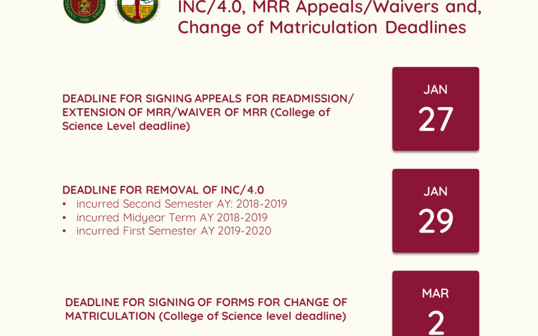College of Science Removal of INC/4.0, MRR Appeals/Waivers and, Change of Matriculation Deadlines