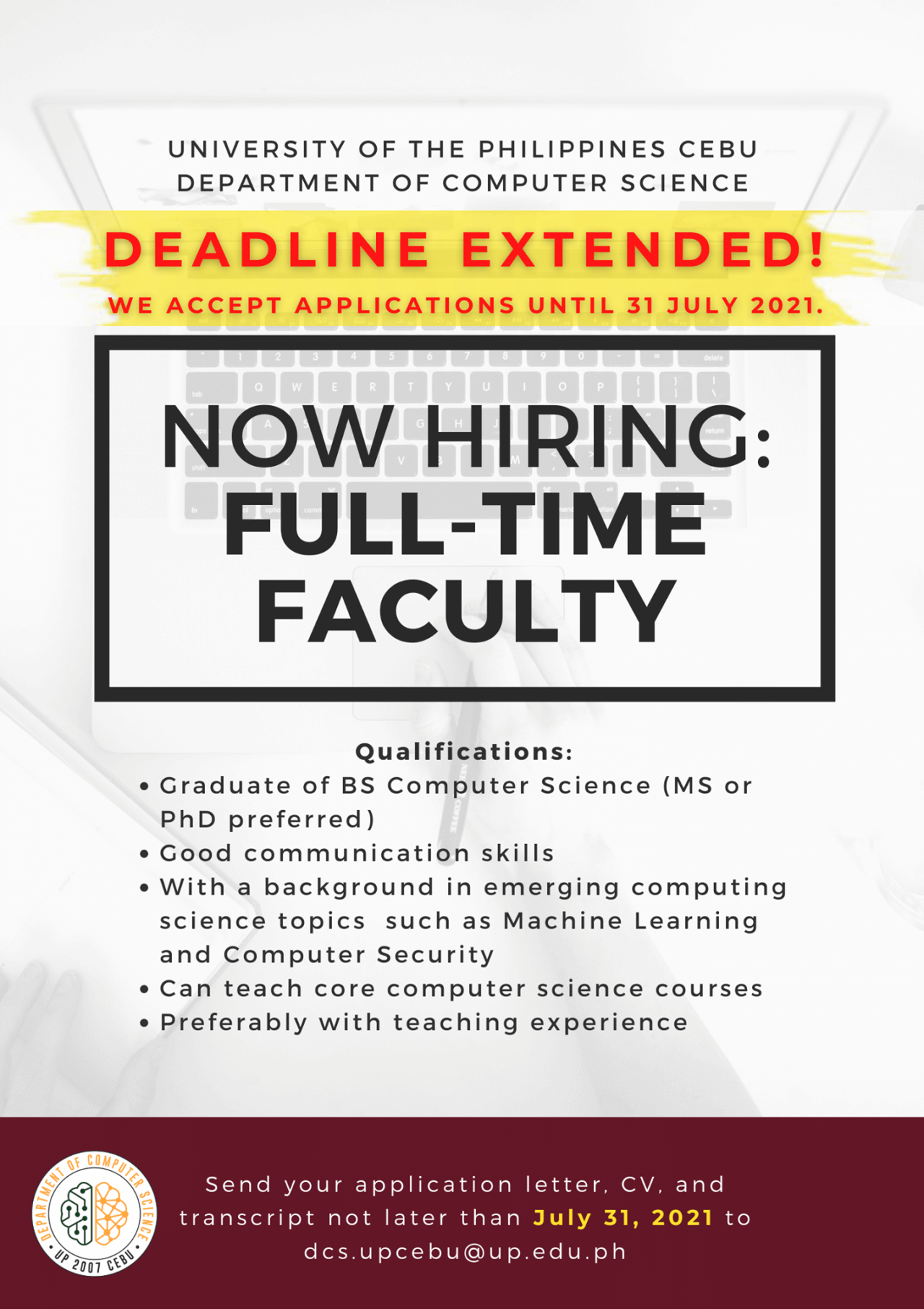 (Deadline extended) UP Cebu Department of Computer Science Now Hiring